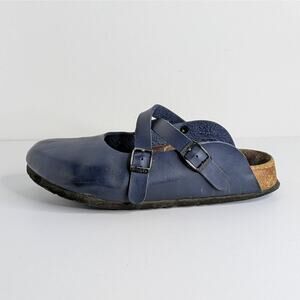 Birki's Navy Blue Leather Clogs 8 Criss Cross Buckle Birkenstock Mules Comfort